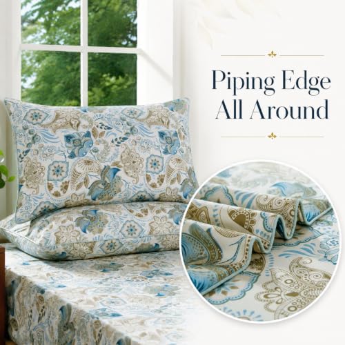 FADFAY Queen 100% Egyptian Cotton Blue Paisley Sheets Set 4 Piece, Vintage Botanical Cottagecore Floral Bedding, Luxury Soft Breathable Farmhouse Bedding with Deep Pocket Fitted Sheet for All Seasons