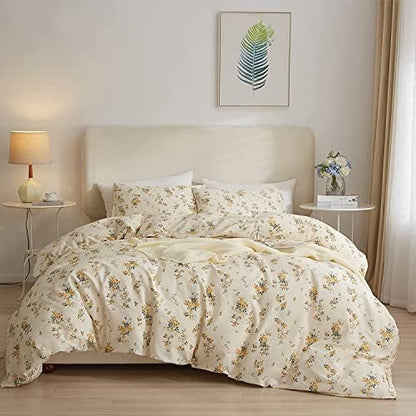 LifeTB Yellow Botanical Floral Duvet Cover King Soft 100% Cotton Floral Bedding Set Chic Aesthetic Flower Comforter Cover Vintage Cottagecore Style Duvet Cover Breathable Flower Bedding Set King