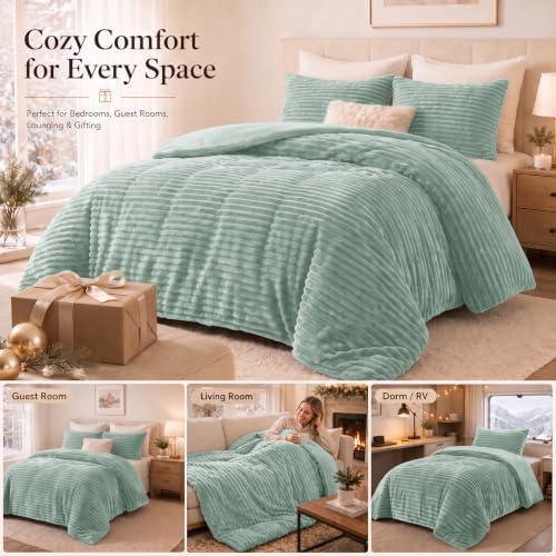 CozyLux Fleece Full Size Comforter Sets, 3 Piece Warm Sage Green Bedding