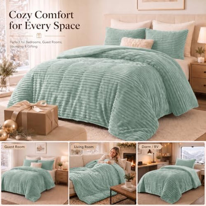 CozyLux Fleece Full Size Comforter Sets, 3 Piece Warm Sage Green Bedding
