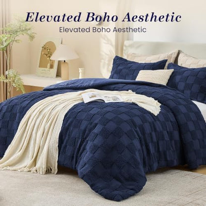 Sasttie Queen Comforter Set, 3 PC Boho Tufted Bed, Checkered Bedding, Navy