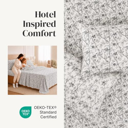 Modern Threads Silky Soft Microfiber and Wrinkle Free Sheets - Luxurious Microfiber Bed Sheets Includes Flat Sheet, Fitted Sheet with Deep Pockets, & Pillowcases Grey Garden Toile, Queen