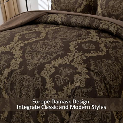WONGS BEDDING Damask Comforter Set Queen Size, Coffee Gold Texture Design 7 Pcs Bed in a Bag Microfiber Comforter Bedding Sets -1 Comforter, 1 Flat Sheet, 1 Fitted Sheet, 2 Pillow Shams, 2 Pillowcases