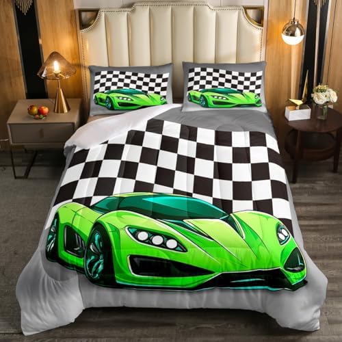Racing Car Comforter Set, Cool Speed Race Car Down Comforter Full for Kids Boys Girls Teens Bedroom, Automobile Extreme Sport Bedding Set Plaid Checkered Duvet Sets with 2 Pillowcases, Grey Green