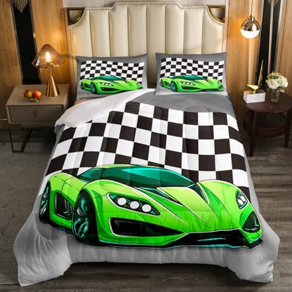 Racing Car Comforter Set, Cool Speed Race Car Down Comforter Full for Kids Boys Girls Teens Bedroom, Automobile Extreme Sport Bedding Set Plaid Checkered Duvet Sets with 2 Pillowcases, Grey Green