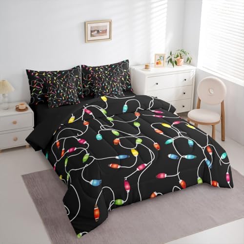 Erosebridal Festival Lamp 7 Piece Bedding Set Twin Cartoon Rope Comforter Set with Sheets Christmas Colorful Fantasy Bed in a Bag Holiday Black Bed Sets Comforter