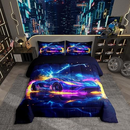 Erosebridal Neon Race Car Bed for Boys,Cool Watercolor Sports Car Comforter Toddler Size for Kids Boys Girls,Extreme Sports Car Racing Games Bedding Sets,Teal Blue Lightning Duvet Insert,Purple Blue