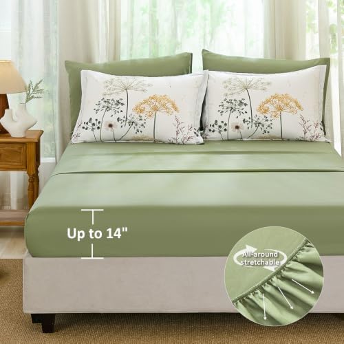 Yiran Queen Comforter Size Set, 7 Piece Green Dandelion Floral Bed in a Bag