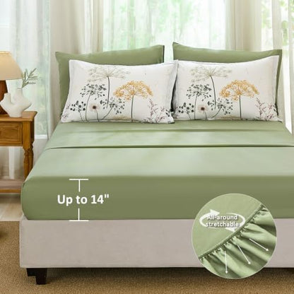 Yiran Queen Comforter Size Set, 7 Piece Green Dandelion Floral Bed in a Bag