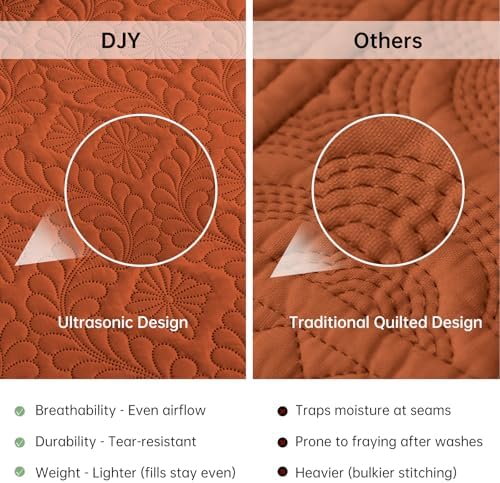 DJY King Quilt Set 3 Pieces, Lightweight Ruffled Bedspread, Burnt Orange
