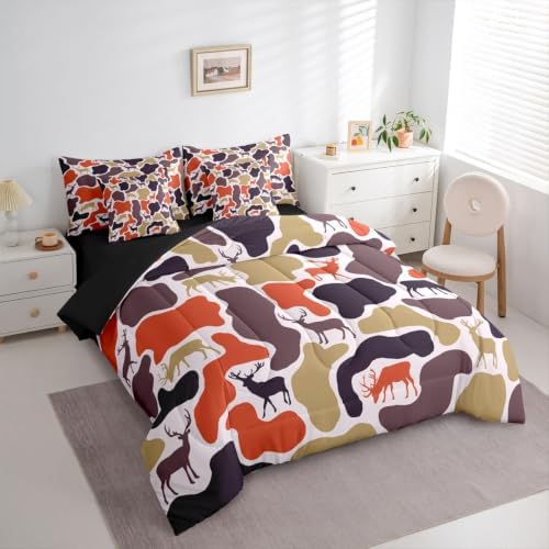 Erosebridal Camouflage Hunting Bed in A Bag 7 Pcs Hunter Deer Camo Comforter Set for Women Men Rustic Farmhouse Cabin Bedding Sets King Vintage Country Animal Sheet Set with Comforter