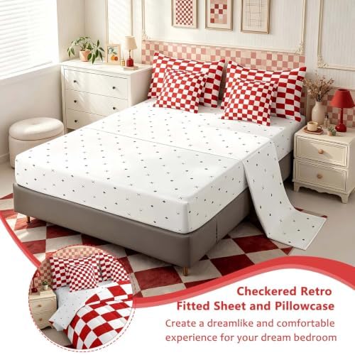 Feelyou Checkered Retro 7 Piece Bedding Set Teen Women Men Red White Plaid Comforter Set with Sheets King Size Kids Boys Geometric Vintage Bed in a Bag Modern Simple Groovy Aesthetic Room Decor