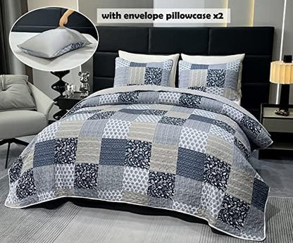 Cozyholy Navy Blue Gray King Size Quilt Set, 3 Piece Quilted Bedspread Set Patchwork Plaid Bedding Comforter Set Reversible Lightweight Microfiber Bed Spread Coverlet Set for All Seasons