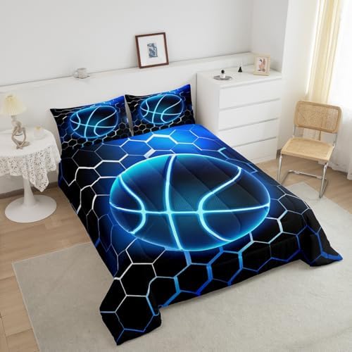 Manfei Basketball Comforter Set King Size, Blue Honeycomb Bedding Set 3pcs for Kids Boys Teen Bedroom Decor, Sports Gaming Theme Quilt Set Geometric Neon Lines Duvet Set with 2 Pillowcases
