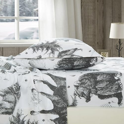 Chezmoi Collection 3-Piece Lodge Sheet Set Twin XL Size - White Gray Black Grizzly Bear Wolves Moose Pine Tree Mountain Printed Brushed Microfiber Lightweight Breathable Deep Pocket Bed Sheets