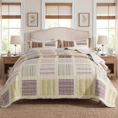 HoneiLife Quilt Sets Queen Size - 3-Piece Microfiber Quilts Lightweight Bedspreads Striped Coverlets Rustic Bed Cover Queen Quilt Bedding Set for All Season Use