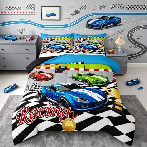 Feelyou Speed Sports Car Bedding Set Soft for Boys Girls, Steering Wheel Comforter Set King Size Racing Duvet Quilt Microfiber Extreme Sports Bedroom Decor Automobile 3 Pcs with 2 Pillow Cases