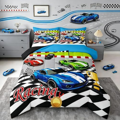 Feelyou Speed Sports Car Bedding Set Soft for Boys Girls, Steering Wheel Comforter Set King Size Racing Duvet Quilt Microfiber Extreme Sports Bedroom Decor Automobile 3 Pcs with 2 Pillow Cases