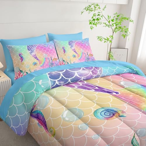 7Pcs Mermaid Tail Comforter Set Pink Scales Printed Bedding Set with 1 Comforter, 1 Flat Sheet, 1 Fitted Sheet and 4 Pillowcases for Boys and Girls Bedroom All Season(Twin)