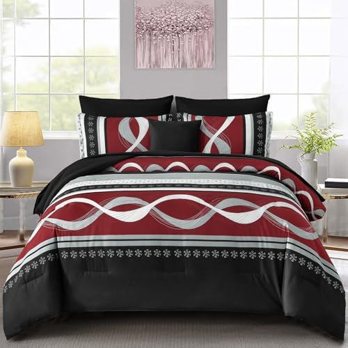 Anibedding Burgundy Comforter Set Queen Size,8 Pieces Boho Bed in a Bag