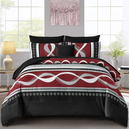 Anibedding Burgundy Comforter Set Queen Size,8 Pieces Boho Bed in a Bag