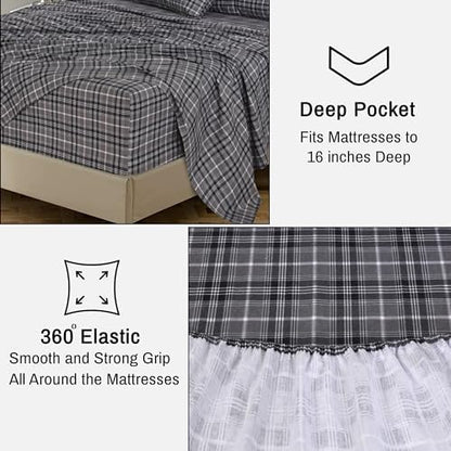 RUVANTI 100% Cotton Flannel Sheets Twin XL, Grey Plaid