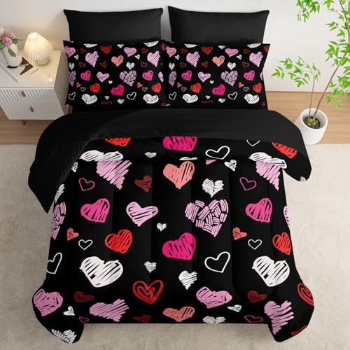 Nttopship Love Black Comforter Set King Size 7Pcs，Love Valentines Day Romantic Soft Bedding Set Pink Watercolor Kawaii Cartoon Love Heart Geometric, Bed Sheet Set Cartoon Love Decor
