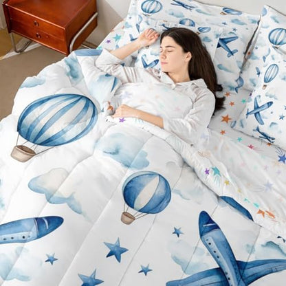 Erosebridal Cartoon Aircraft Queen 7 Pcs Bedding Set for Boys, Dreamy Hot Air Balloon Comforter Set with Sheets, Blue White Clouds Bed in A Bag for Kids Girls Adults, Airplane Star Print Bed Sets