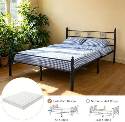Full Size Bed Frame with Headboard Footboard, Vintage Metal Platform Beds
