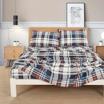 Chezmoi Collection 3-Piece Lodge Plaid Sheet Set Twin Size - Blue Orange White Herringbone Plaid Stripe Printed Brushed Microfiber Lightweight Breathable Deep Pocket Bed Sheets