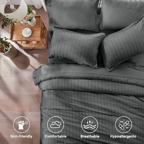 Queen Comforter Set 7 Piece, Dark Grey Bed in a Bag Queen Bedding Sets
