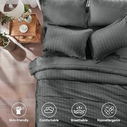 Queen Comforter Set 7 Piece, Dark Grey Bed in a Bag Queen Bedding Sets