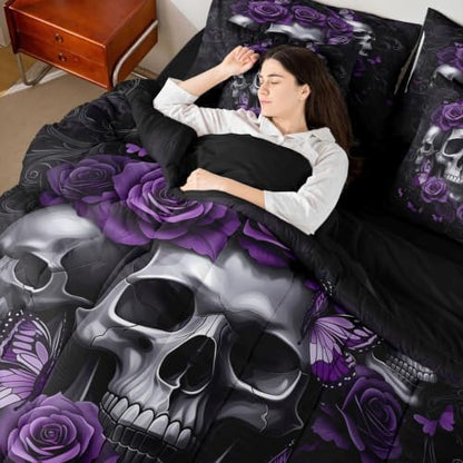 Feelyou Gothic Skull Comforter Set with Sheets 7 Piece King Size Halloween Goth Bedding SetKids Vintage Victorian Romantic Purple Rose Bed in a Bag Room Decor Soft Lightweight Microfiber