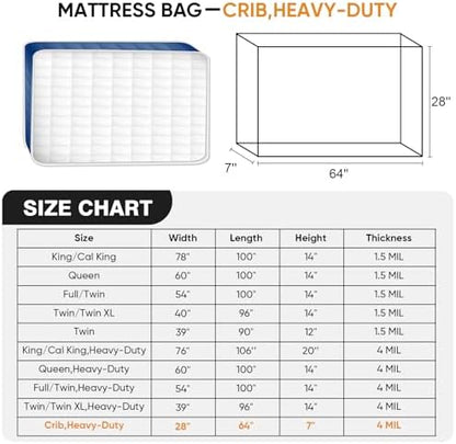 Crib Mattress Storage Bag, Heavy-Duty 4 Mil Thick Waterproof Crib Mattress Moving Bag, Tear-Resistant Cover, 28” x 7” x 64”
