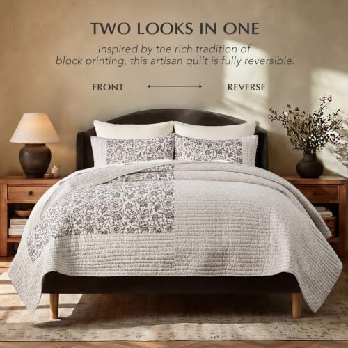 EverGrace 100% Cotton Floral Quilt Set, King Size, Taupe Warm Gray 110"×92"