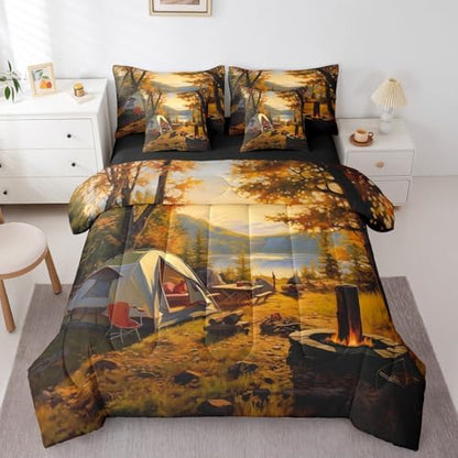 Erosebridal Rv Camper Camp Bed in A Bag with Sheets Full Happy Camping 7 Piece Comforter Set Autumn Maple Leaves Bedding Set for Women Men Adults,Bonfire Camping Bedding Comforter Sets