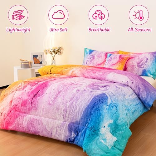4 Pcs Tie Dye Full Bedding Set for Girls, Watercolor Marble Abstract Art Superior Girls Comforter Sets Full Size, Colorful Teenage Bedding Sets