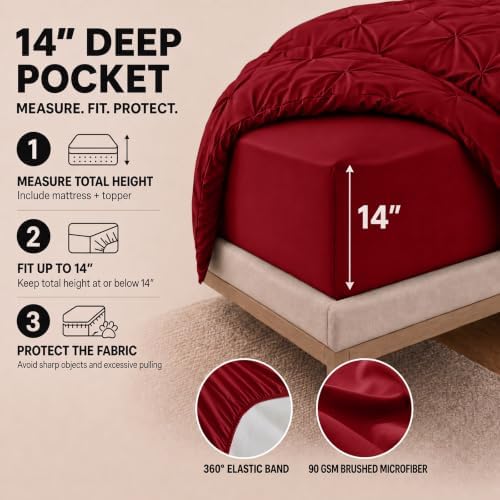 HIMEET Queen Comforter Set Deep Red - 7 Pieces Pintuck Bed in a Bag