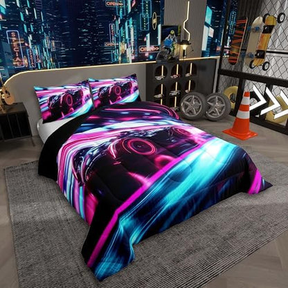 Erosebridal Race Car Boys Toddler Bedding Sets Cool Speed Racing Car Comforter Set 3D Geometric Design - Extreme Sports Themed Comforter with Pillowcases for Girls Kids Teens Bedroom Decor,Black Pink