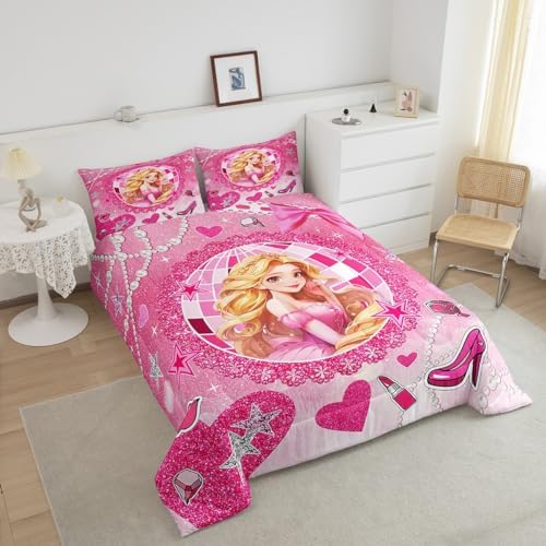 Castle Princess Kids Comforter Set Full Size,High-heeled Shoes Lip Bowknot Fashion Bedding Set,Girls Women Room Decor,Glitter Stars Sequins Down Comforter,Pink Romantic Duvet Insert,2 Pillowcases