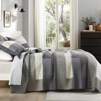 Finlonte King Quilt Bedding Set - 100% Cotton King Quilt Sets with 2 Pillowshams, Farmhouse Plaid Stripe Quilted Bedspread, Lightweight Soft Comforter for All Season, Charcoal/Brown/Beige/Gray