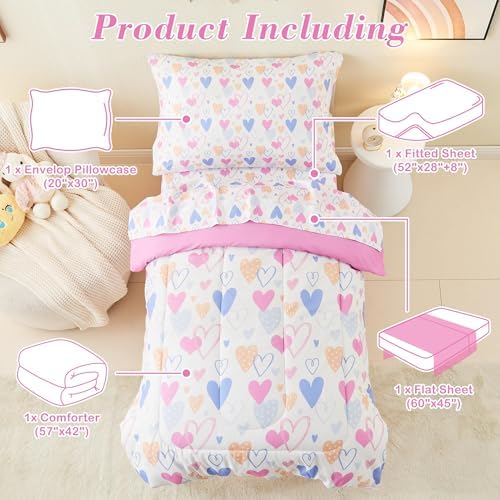 Mooreeke Toddler Bedding Sets for Girls, 4 Pieces Pink Heart Printed