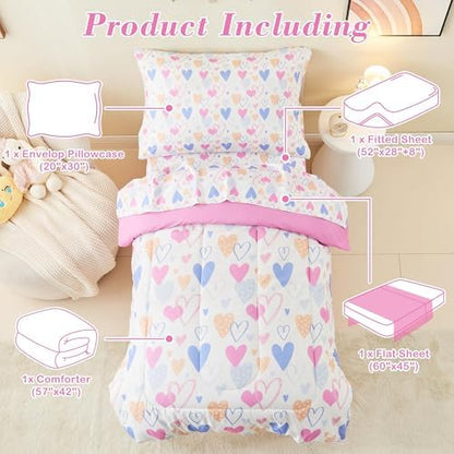 Mooreeke Toddler Bedding Sets for Girls, 4 Pieces Pink Heart Printed