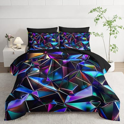 7 Piece Purple Geometric Abstract Pattern Comforter Set King Size，Abstract Diamond Print Bedding King，(1 Comforter, 1 Flat Sheet, 1 Fitted Sheet, 2 Pillowcase and 2 Pillow Sham)