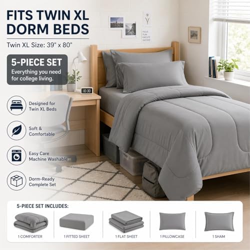 Maple&Stone Twin XL Comforter Set Grey, Extra Long 5 Pieces Bed in a Bag