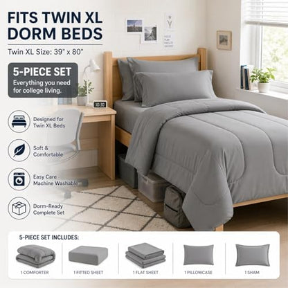 Maple&Stone Twin XL Comforter Set Grey, Extra Long 5 Pieces Bed in a Bag