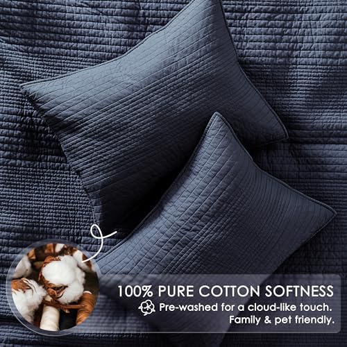 palassio Striped Navy Blue 100% Cotton Quilt Queen Size Bedding Sets, Lightweight Crinkly Channel Pick Stitch Textured Bedspread Soft Shabby Chic Farmhouse Country Coverlet for All Season, 2 Shams