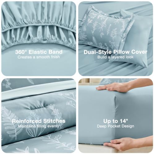 MUXHOMO Mineral Blue Cal King Comforter Set, Elegant Floral Print Bed in a Bag 7 Pieces, Ultra Soft & Breathable Reversible Botanical Pattern Bedding Set with Comforter, Sheets, Pillowcases, and Shams