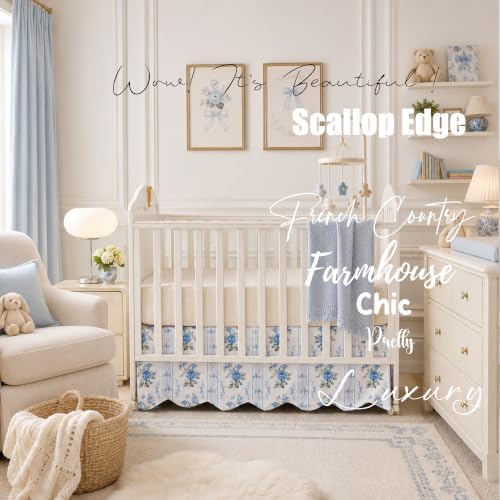 Brandream Scallop Edge Organic Cotton Crib Skirt, Baby Girl Crib Skirt Toddler Bedskirt Farmhouse Chic Nursery Crib Bed Skirt French Vintage Cottagecore with Rose Floral Botanical Stripe Print Skirt