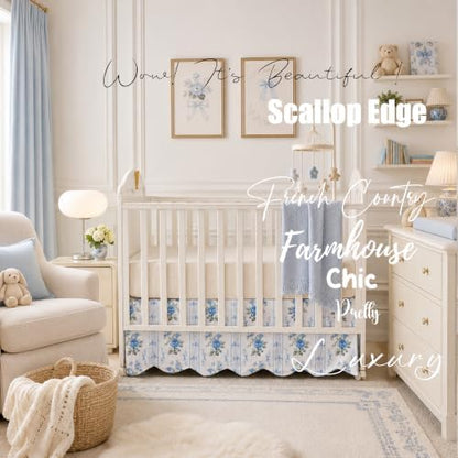 Brandream Scallop Edge Organic Cotton Crib Skirt, Baby Girl Crib Skirt Toddler Bedskirt Farmhouse Chic Nursery Crib Bed Skirt French Vintage Cottagecore with Rose Floral Botanical Stripe Print Skirt